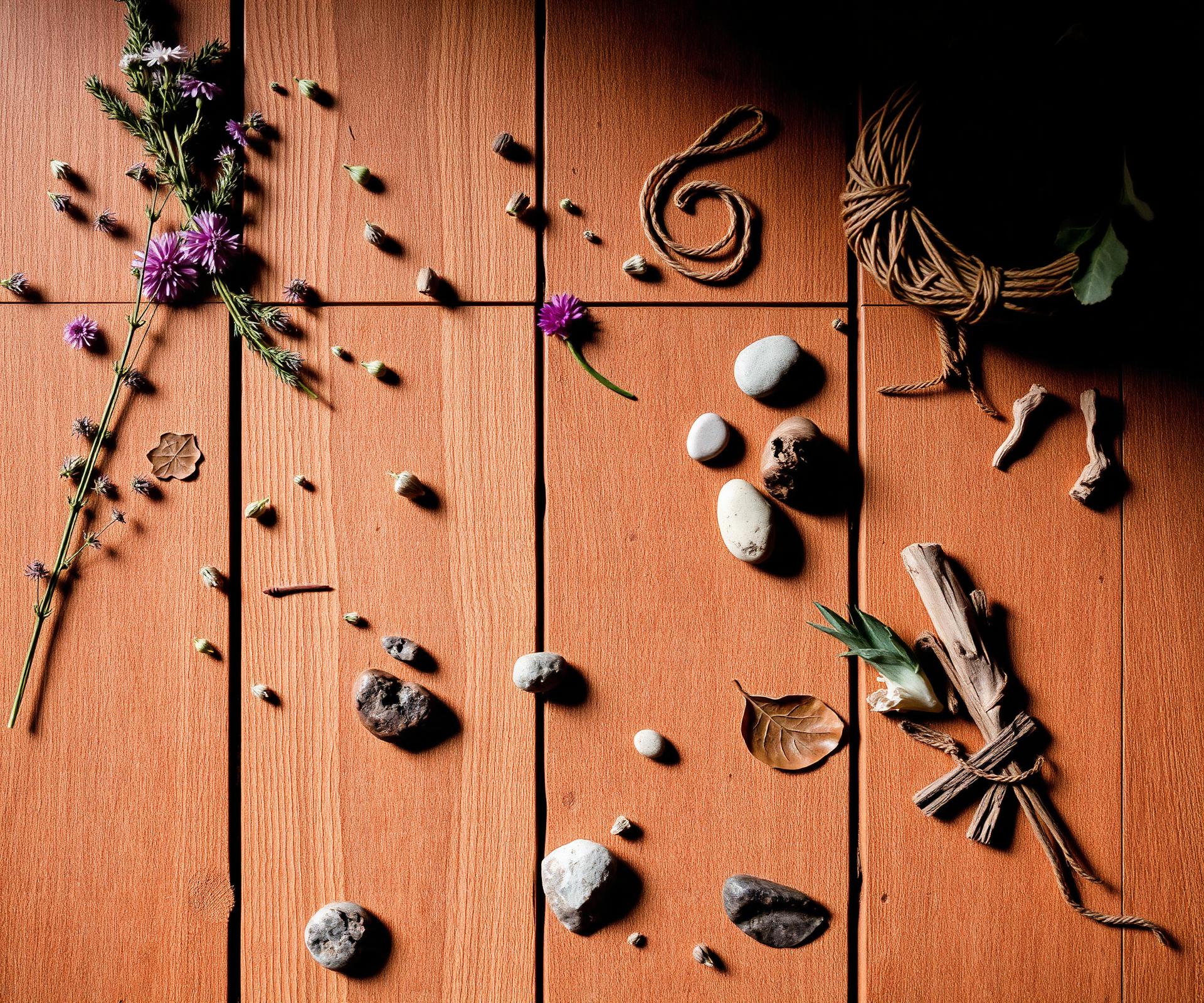 Driftwood, river stones and pressed wildflowers